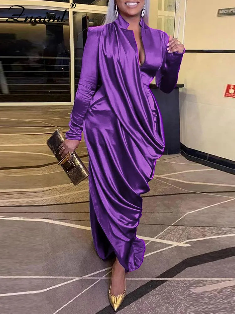 Znaiml Elegant Solid Satin Ruched Long Sleeve Bodycon Maxi Red Dress for Women Evening Party Nightclub Celebrity Formal Vestidos